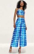 Warehouse Womens Blue Check Satin Co-Ord RRP £138