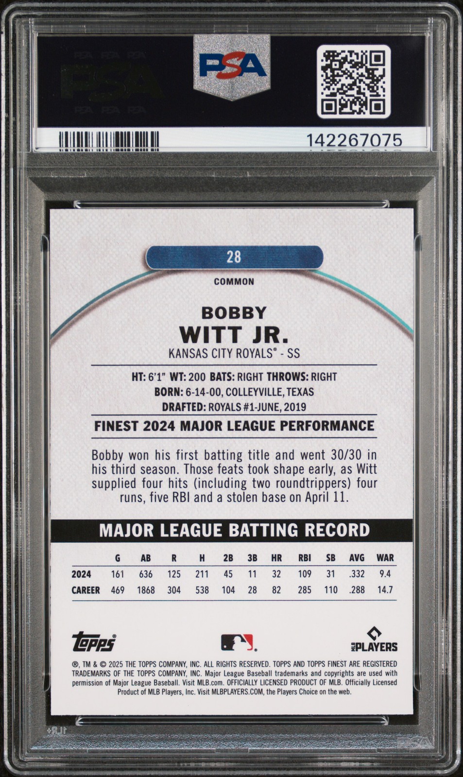 2025 TOPPS FINEST BLUE CHECKERBOARD #28 BOBBY WITT JR. 75/99 PSA 9 view 2