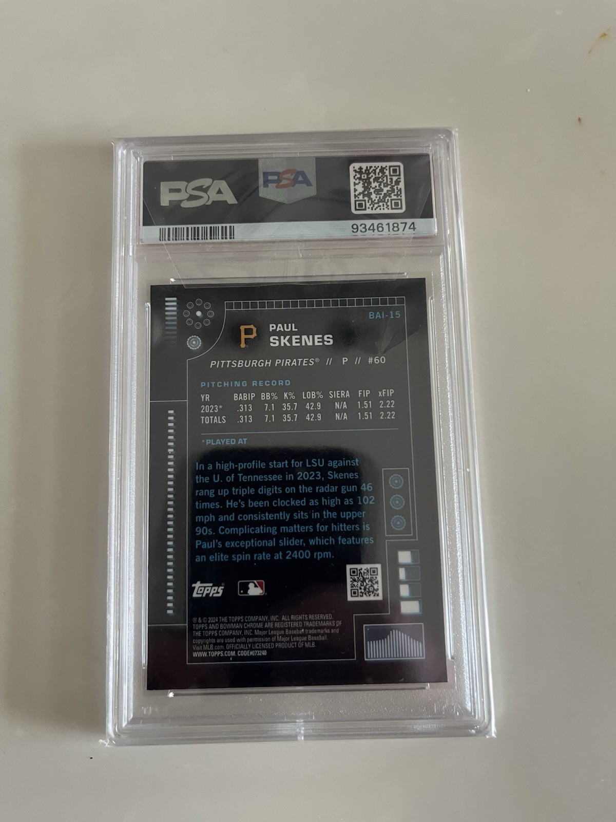 Bowman 2024 Bowman AI Paul Skenes RC Insert BAI-15 Pittsburgh Pirates PSA 10 view 2