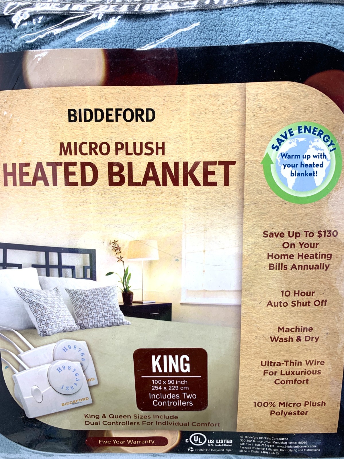Biddeford Electric Heated Micro Plush King Sz 100"x 90" Blanket Blue AutoShutoff