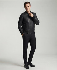 Black Bomber Leather Jacket 100% Real Soft Sh...
