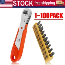 Ratcheting Right Angle Screwdriver Hex Drive 90 Degree Offset + 10pc Bits Set!
