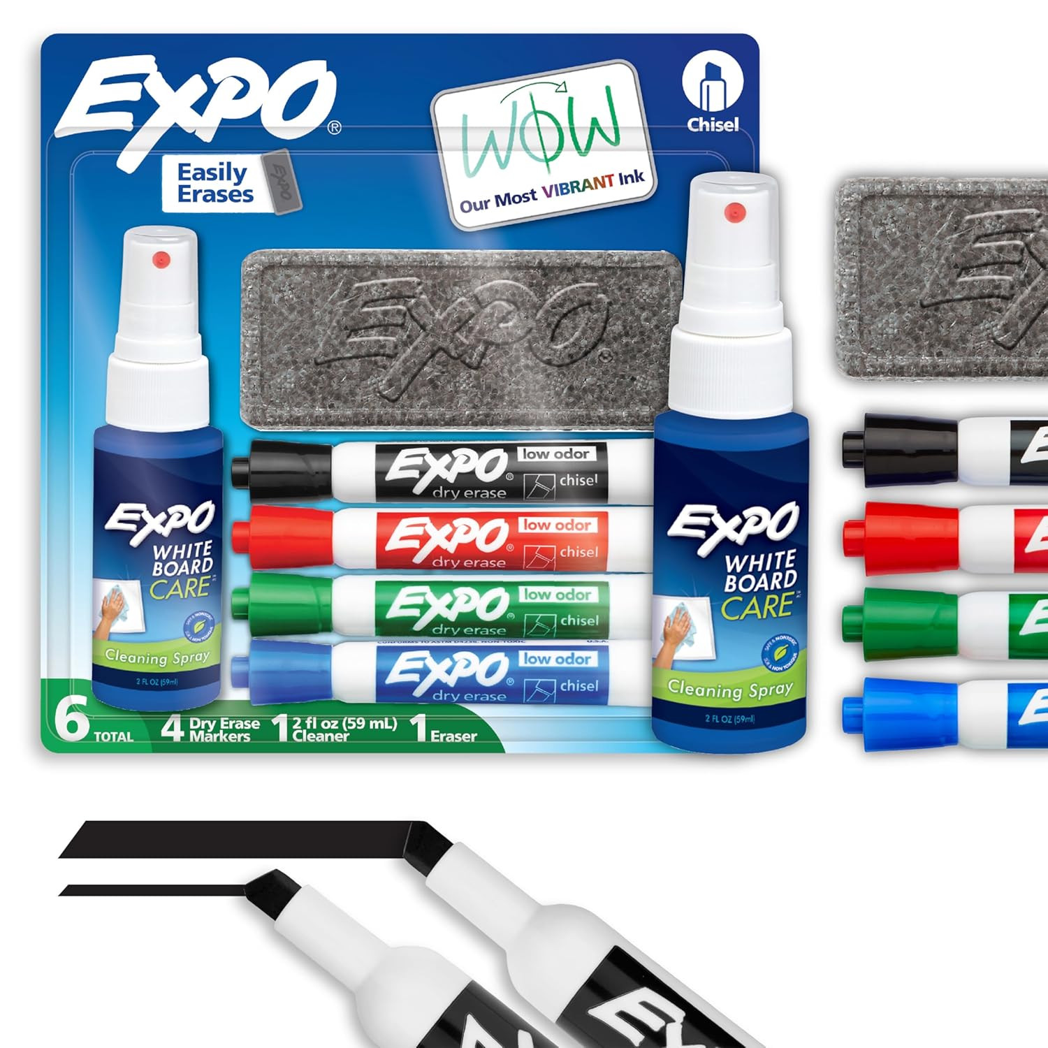 Kit, Chisel Tip, Assorted Colors, Eraser, Spray Cleaner,