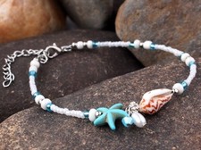 Beach Beaded Real Anklet Shell Star Fish Blue + White
