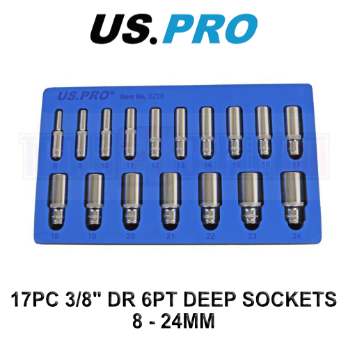 US PRO 17pc 3/8 Dr Metric Deep Socket Set 6 Point 8-24mm 3258 - Image 5