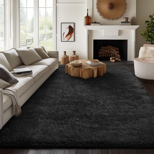 Elegant Black 8x10 Shaggy Area Rug with Non-Slip Bottom for Safe Living Spaces - Picture 3 of 9