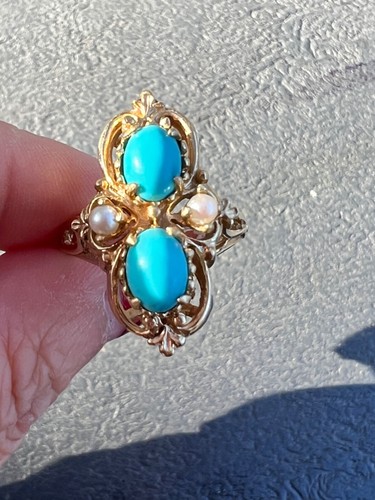 VINTAGE 14K YELLOW GOLD TURQUOISE AND PEARL LARGE RING STATEMENT ONE OF A KIND - Picture 24 of 24