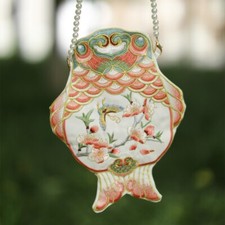 Women Girls Gold Fish Embroidered Crossbody Bag Beaded Chain Hanfu Retro Decors