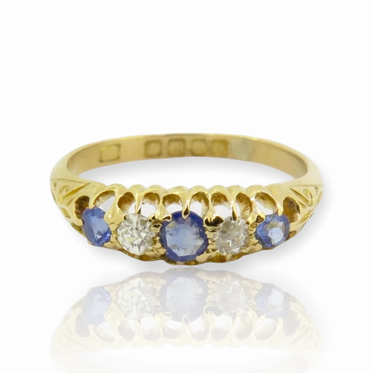 Antique Sapphire Diamond 18ct Yellow Gold London Bridge Ring