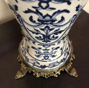 Porcelain Vase - Blue and White with brass decorative trim base