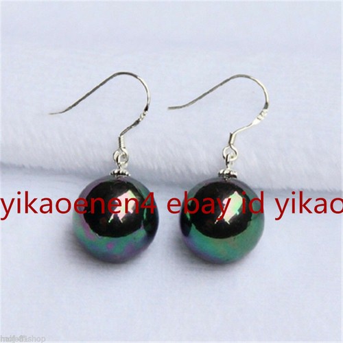 Fashion 12mm Black Round South Sea Shell Pearl Silver Dangle Earrings - Picture 4 of 4