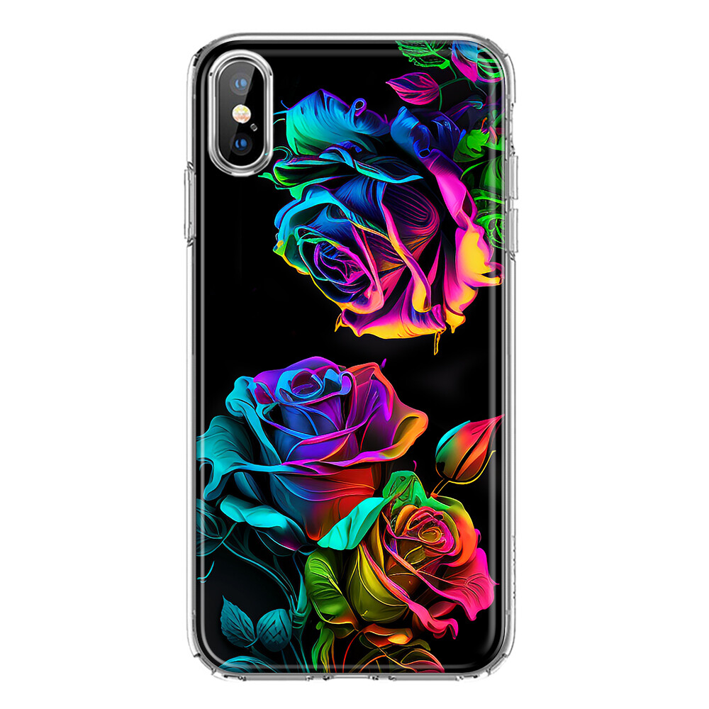 For Apple iPhone XS/X Shockproof Hybrid Case, Neon Rainbow Glow Roses
