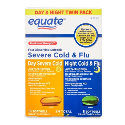 Equate Maximum Strength Daytime Severe Cold & Nighttime Cold & Flu Softgels, 24