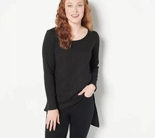 Attitudes by Renee Asymmetric Hem Waffle Top Womens L Onyx Black Poly Blend NEW