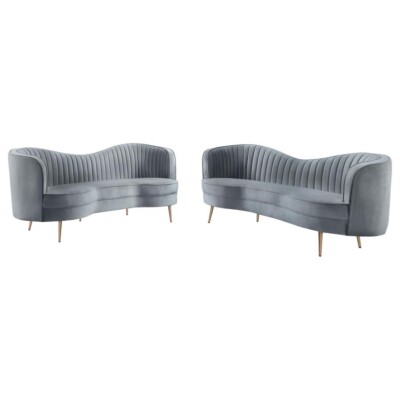 2 PC CAMELBACK GREY VELVET KIDNEY SHAPED SOFA LOVESEAT LIVING ROOM FURNITURE SET