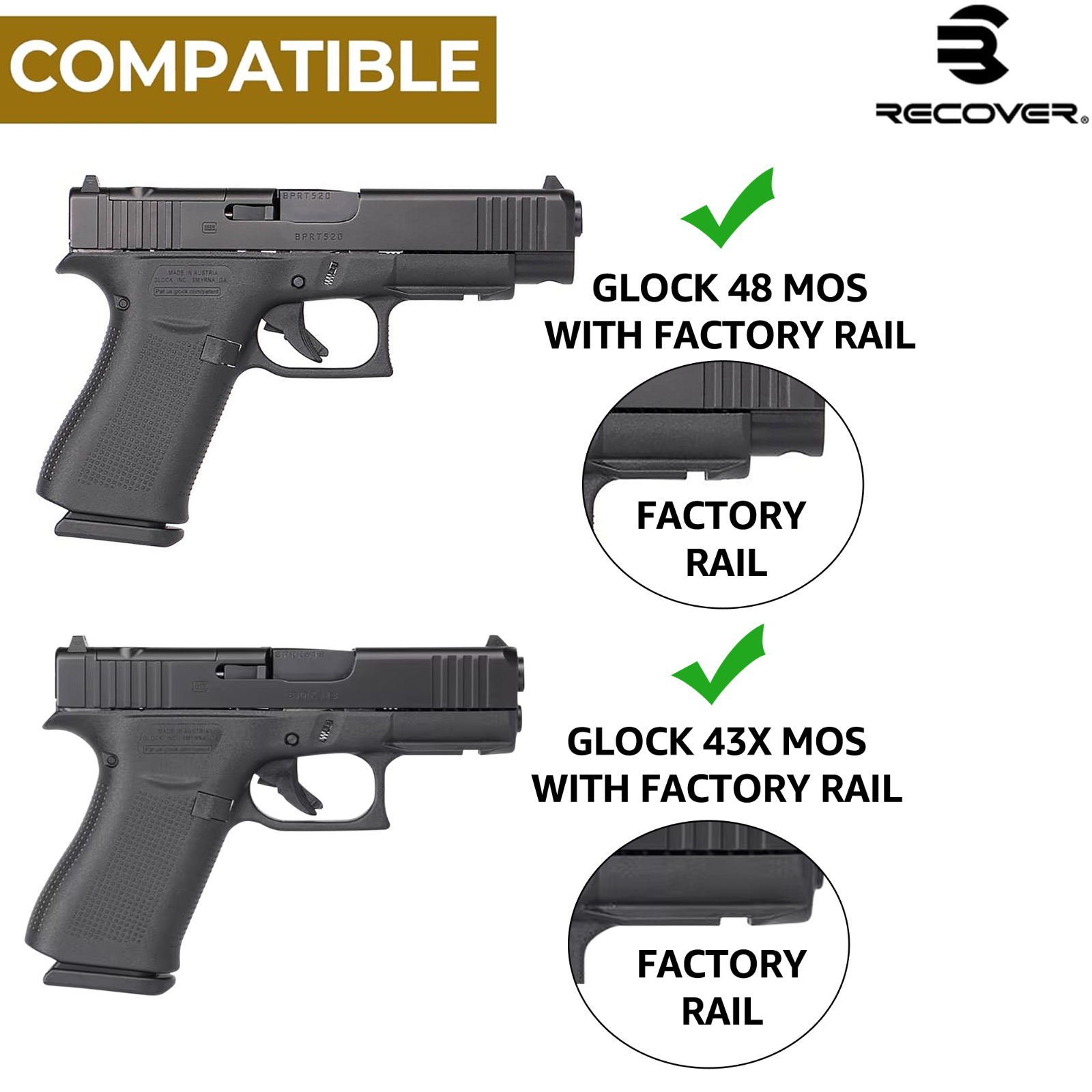 Glock 43 Railing Recover Tactical OR43 Picatinny Rail For GLOCK MOS Models G43X MOS, G48 ...