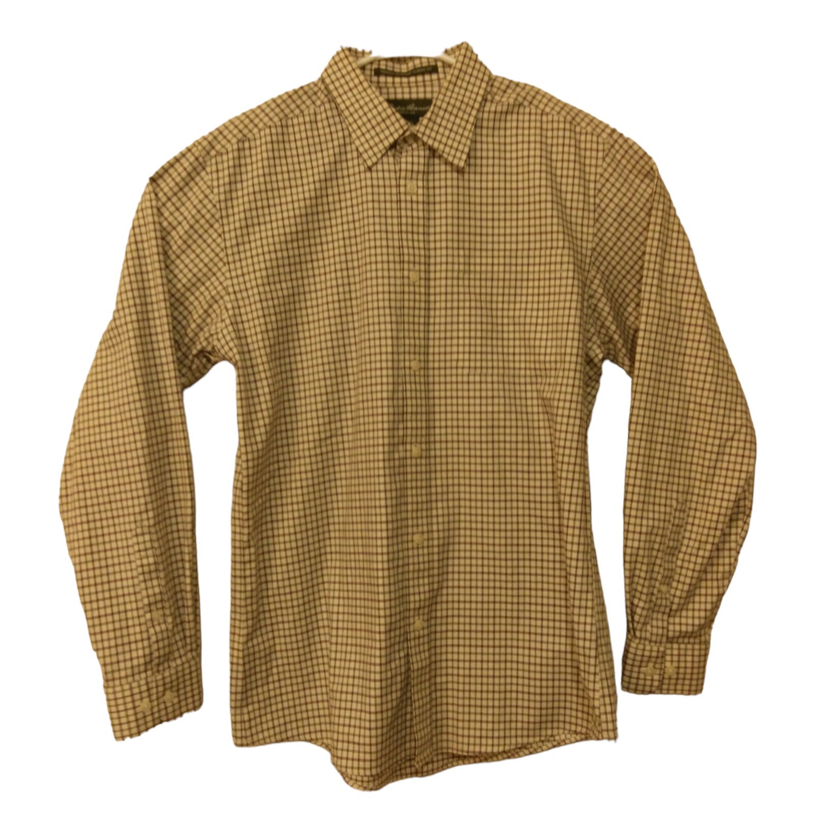 Camisa Eddie Bauer Hombre M Mediana Beige Cuadros Ventana Panel Resistente a Arrugas Campamento