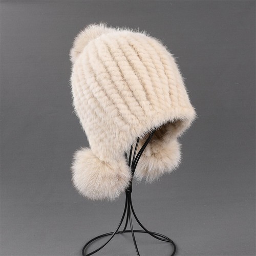 Women's Winter Beanie Hat Genuine Mink Fur Knitted Cap With Earflaps Fox Fur Pom - Picture 28 of 29