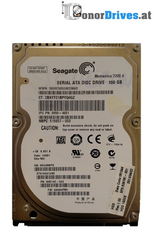 Seagate ST9160412AS - 160 GB - SATA - 9HV14C-022 - PCB 100565308 Rev. A*