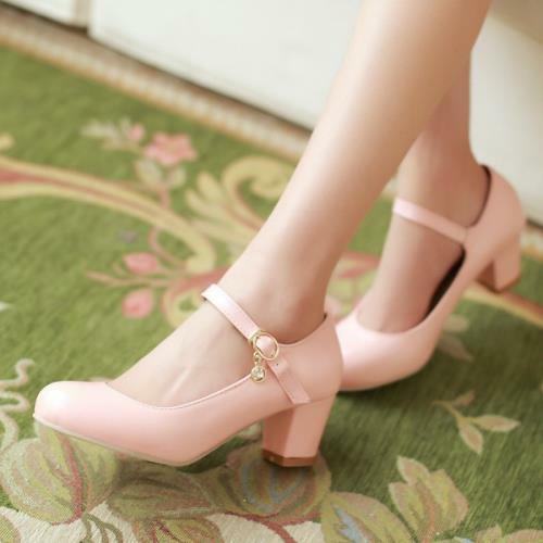 Women Mid Chunky Heels Round Toe Pumps 