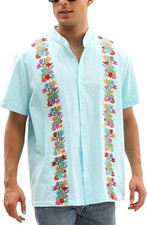 Mens Mexican Guayabera Shirt Embroidered Button Down Band Collar Fiesta Dress