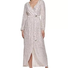 Guess Womens Metallic Faux Wrap Hi-Low Maxi Dress Champaign Color Size 10