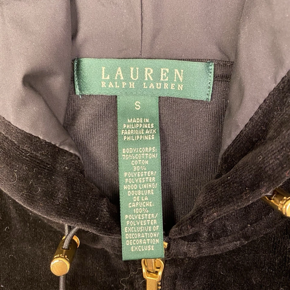 Ralph Lauren Mujer Negro Terciopelo Dorado Ribete Sudadera con Capucha Cremallera Completa Chaqueta de Pista Bolsillos Foto 3 de 4