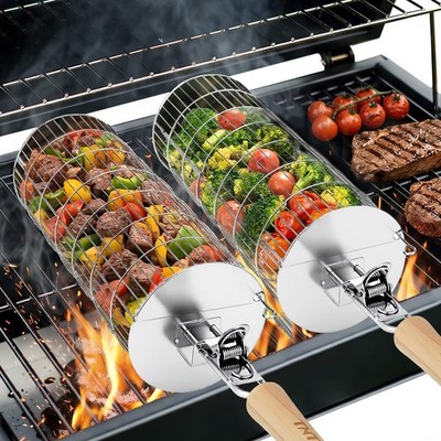 Rolling Grill Basket, Larger 304 Stainless Steel Nesting Grilling Net, Remova...