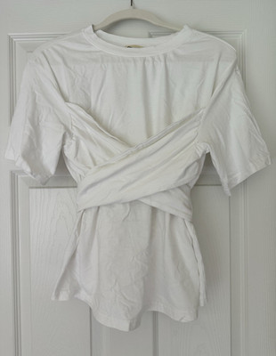Open Edit White Organic Cotton Knit Corset Tie Waist Crew Neck Tee Women s M