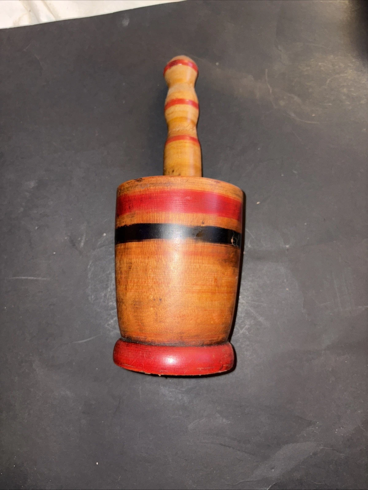 Antique Wooden Mortar & Pestle Grinder Original Old Hand Carved Painted