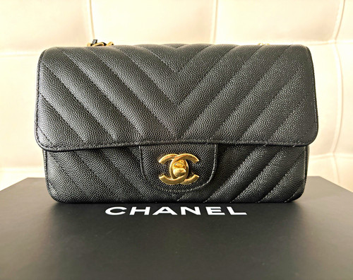 CHANEL CAVIAR CHEVRON QUILTED MINI 8" RECTANGULAR FLAP BLACK W/ LGHW