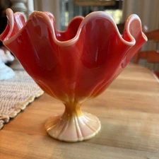 Vtg L E Smith Glass Bittersweet Orange Ruffled Compote Candy Dish Mid Century
