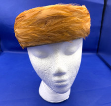 Vintage 1960s Peach/Orange Velvet and Feather Hat Women's Pillbox Cocktail USA