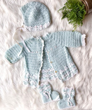 Vintage Baby Boy/Girl Sweater Hat Booties Set Blue Acrylic Cradle Knit Japan