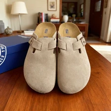Birkenstock Boston Taupe Soft Footbed Suede Leather Unisex Comfort Shoes