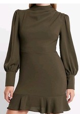 Express Mock Neck Puff Sleeve Ruffle Hem Mini Dress Olive Green Size Large