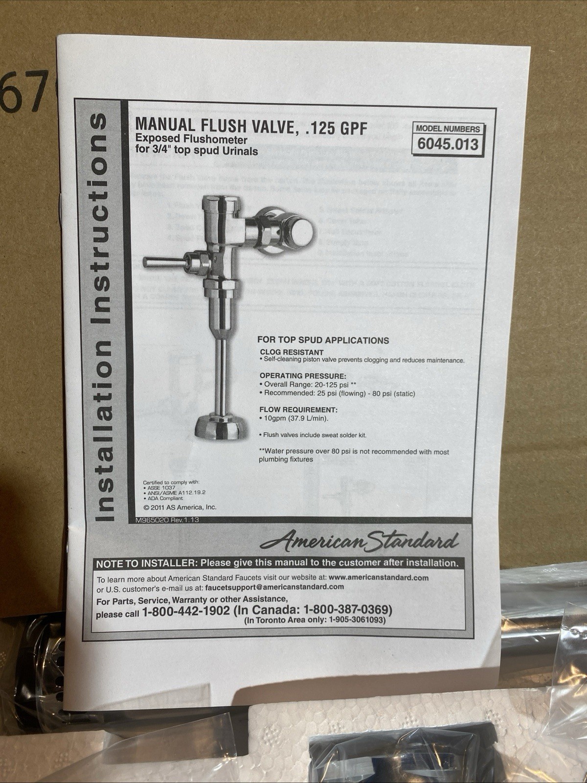 American Standard 6045.013.002 Urinal Manual Flush Valve, CHROME