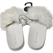 INC International Concepts Womens White Faux Fur Slide Slippers Size 9-10 L NWT