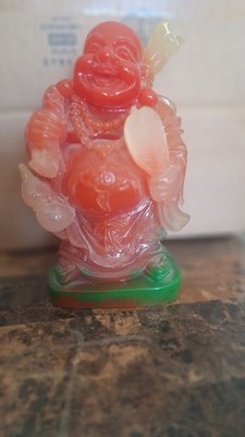 Tall 7 1/2  Large Laughing Buddha Orange & Green Resin Heavy Vintage
