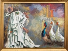 Dipinto olio originale d'epoca 'Arcivescovo e le Oche' dopo Marc Chagall