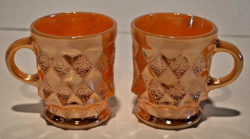 Vintage SET 2 ANCHOR HOCKING  Peach Luster KIMBERLY Diamond Mugs