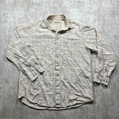 Fieldmaster Button Down Shirt Mens Large Beige Plaid Linen Cotton Long Sleeve