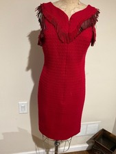 Chanel Paris-Dallas Red Tweed With Leather Fringe Dress Size 40