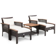 Patiojoy Patio 5PCS Rattan Furniture Set Acacia Wood Table Armrest Cushion Yard