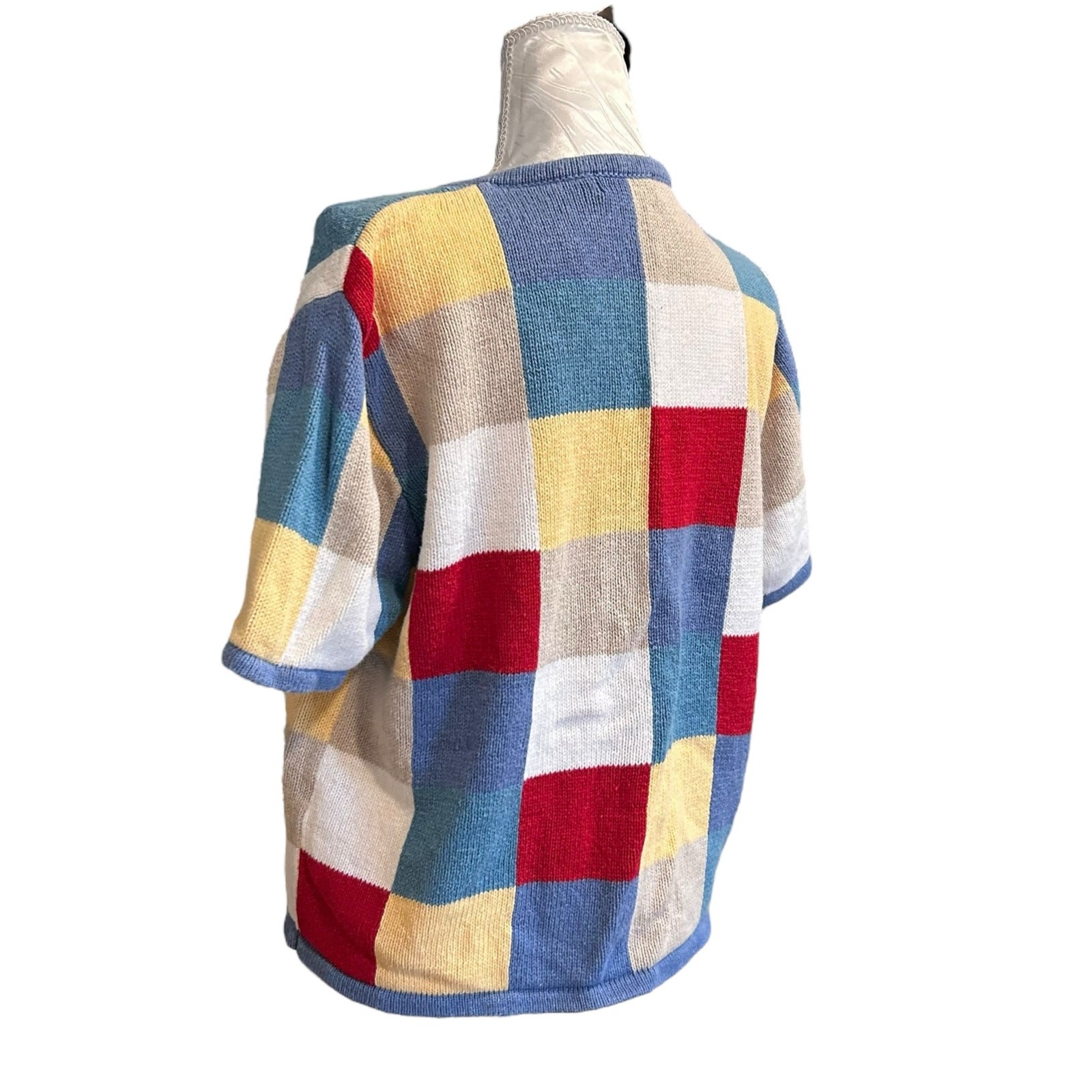 Patchwork Checked Knit Short Sleeve Cardigan Wome… - image 15