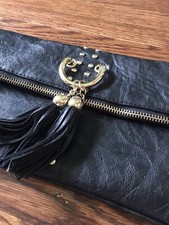 BLACK  Goldtone CLUTCH / PURSE  Hidden Strap  Cache  With Tassels  Vegan