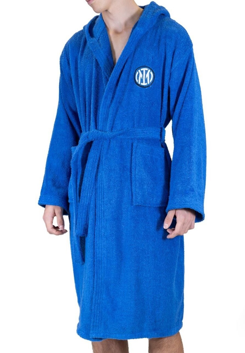 Accappatoio Con Cappuccio FC Inter Ufficiale - Uomo/Ragazzo, Taglia M (46/48), Nero E Azzurro, Con Sacca