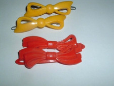 4 Vintage Victorian Little Girl Red and Yellow Celluloid Bow Hair Barrettes