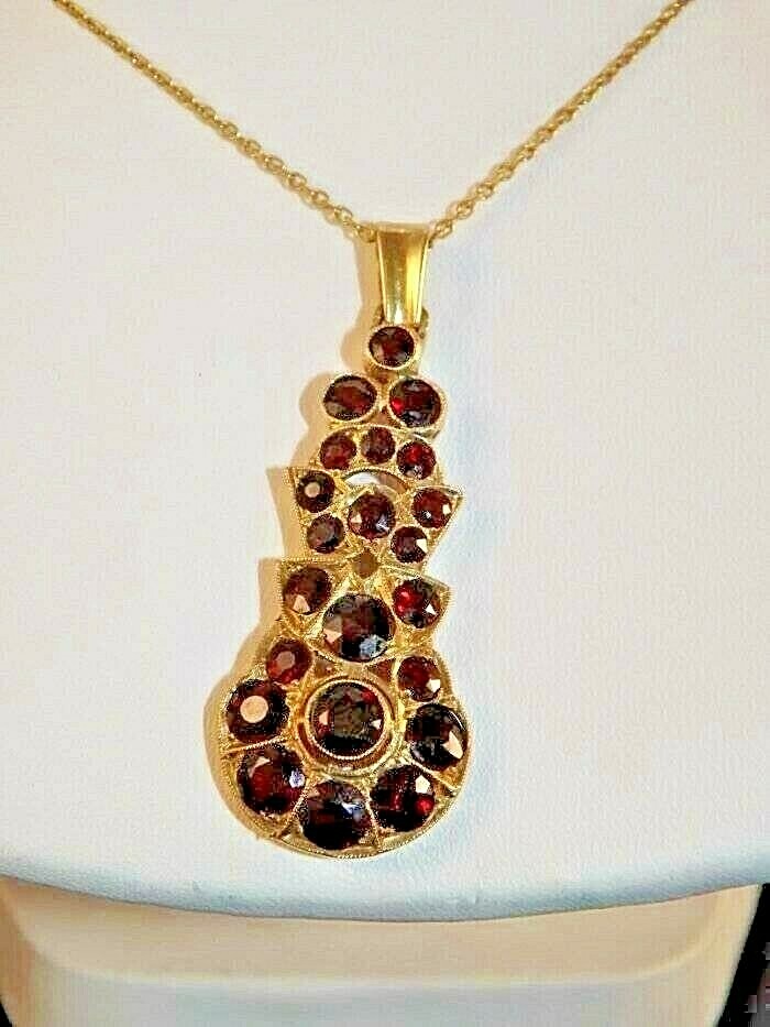 14K Yellow Gold Garnet Cluster Pendant Bohemian Rose Cut Stone