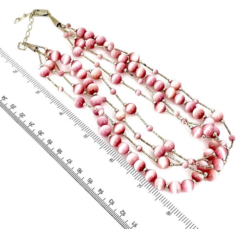 Collar vintage de 4 hebras plateado líquido .925 y rosa ojo de gato - Imagen 4 de 6